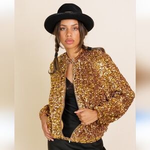 NWT Anthropologie OOFWear Gold Sequin Bomber Jacket - Size S